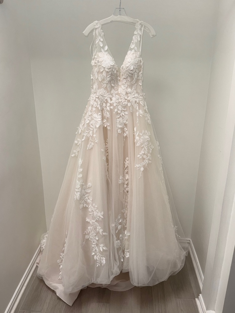 Allure Bridals Ivory and Blush Floral Appliqué A-Line Wedding Dress